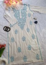 Sadiya Cotton Chikankari Long Kurti with Pant- Sky Blue - Image 3