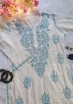 Sadiya Cotton Chikankari Long Kurti with Pant- Sky Blue - Image 2