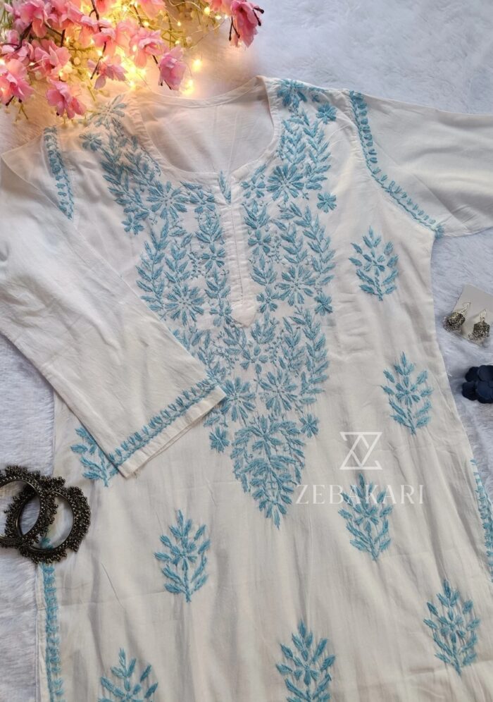 Sadiya Cotton Chikankari Long Kurti with Pant- Sky Blue - Image 2