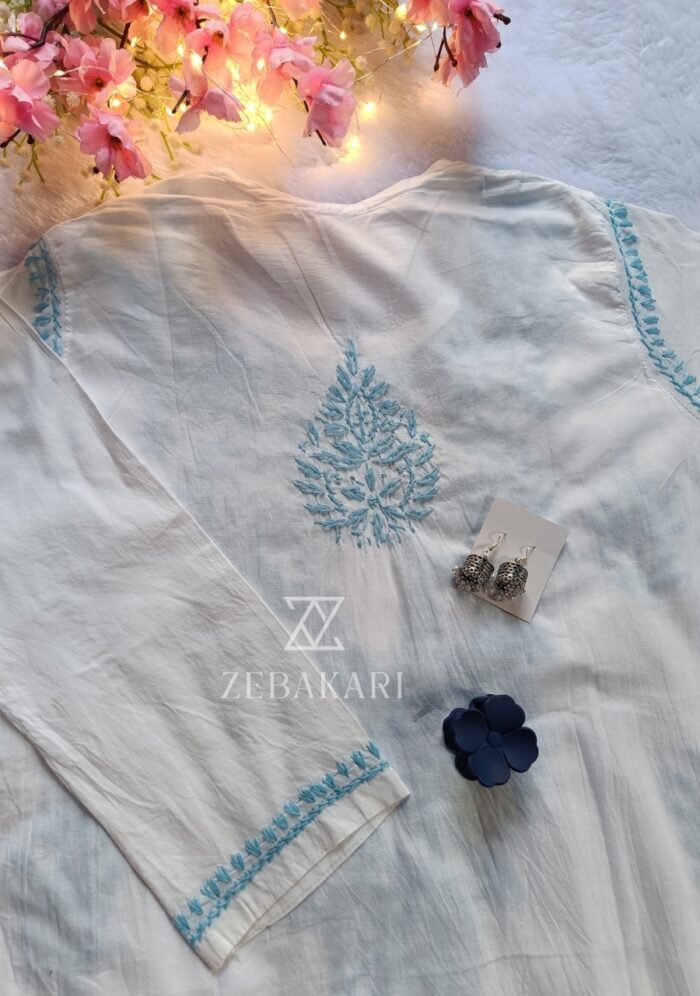 Sadiya Cotton Chikankari Long Kurti with Pant- Sky Blue - Image 5