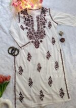 Sadiya Cotton Chikankari Long Kurti with Pant - Brown - Image 3