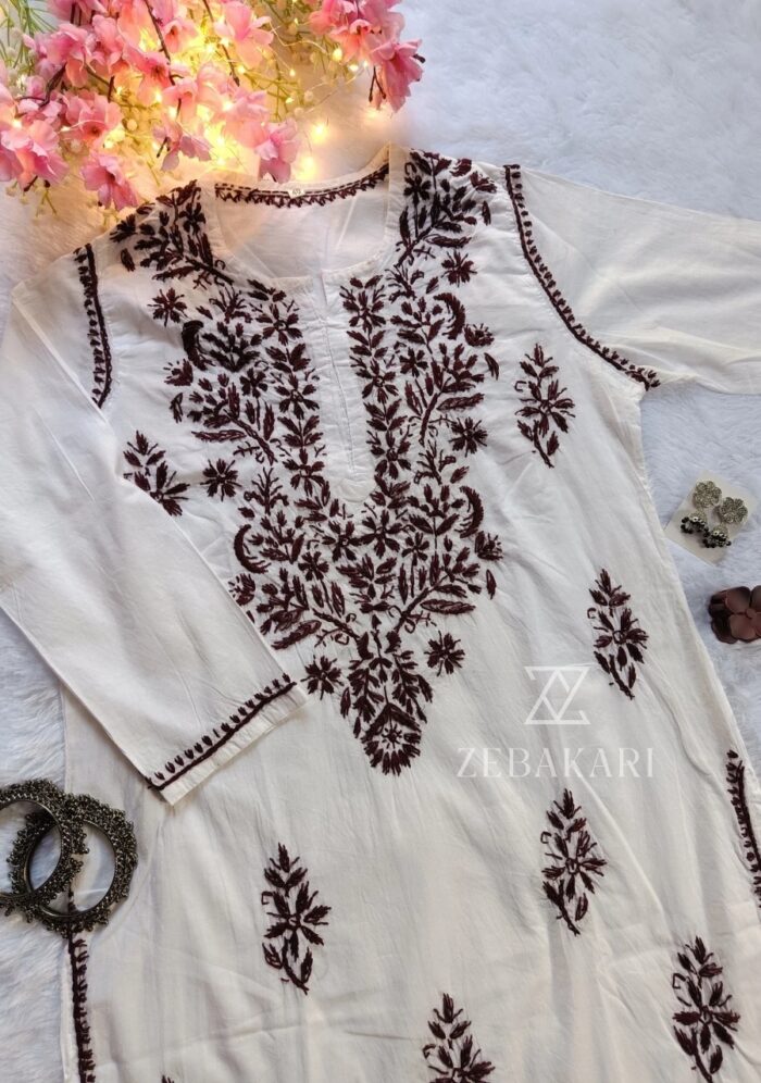 Sadiya Cotton Chikankari Long Kurti with Pant - Brown - Image 2
