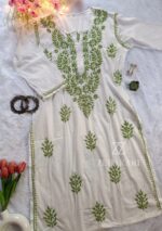 Sadiya Cotton Chikankari Long Kurti with Pant- Green - Image 3