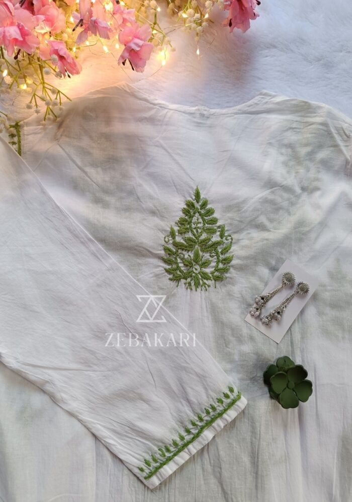 Sadiya Cotton Chikankari Long Kurti with Pant- Green - Image 5
