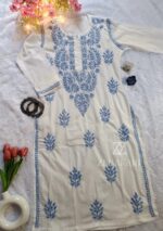 Sadiya Cotton Chikankari Long Kurti with Pant - Powder Blue - Image 3