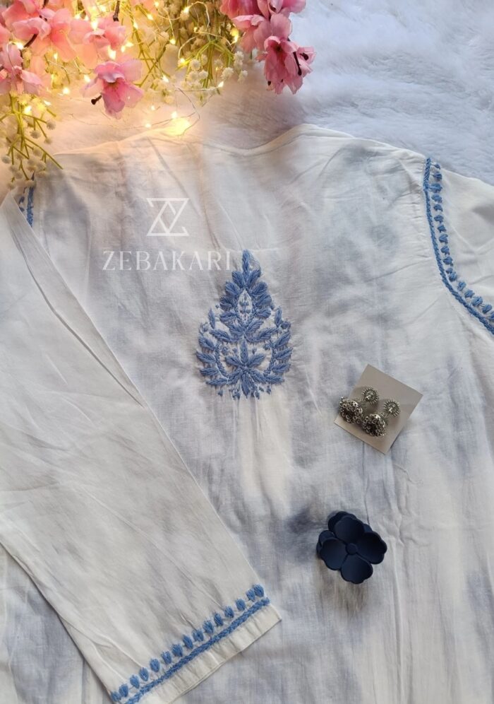Sadiya Cotton Chikankari Long Kurti with Pant - Powder Blue - Image 5