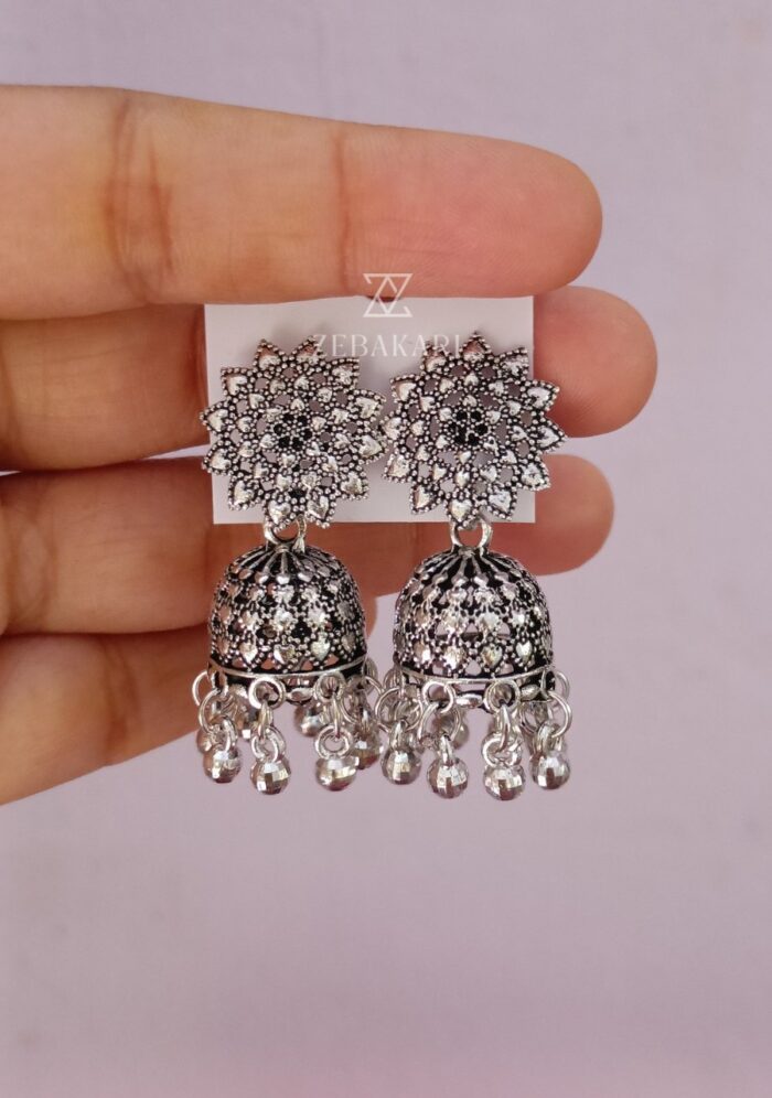 Oxidised Silver Jhumki Earrings - Image 2