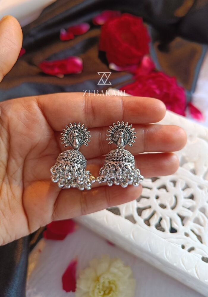 Peacock Oxidised Silver Jhumki Earrings - Image 1