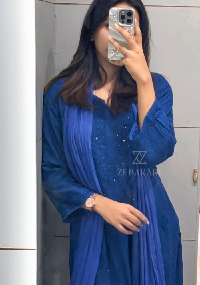 Noor Chikankari Mukesh Work Rayon Long Kurti Set with Dupatta - Blue - Image 5