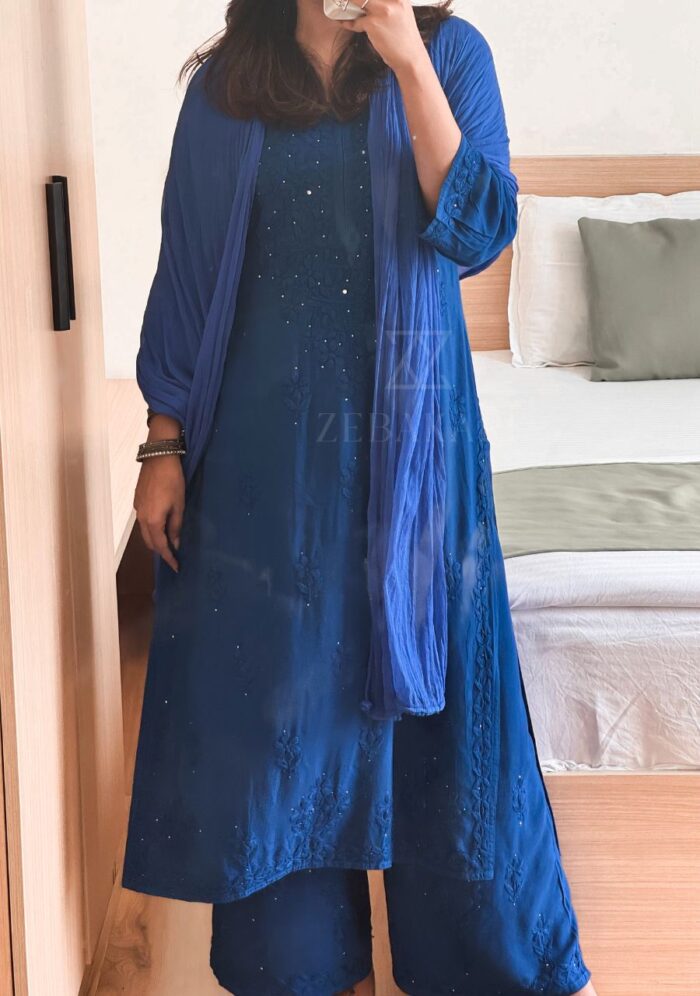 Noor Chikankari Mukesh Work Rayon Long Kurti Set with Dupatta - Blue - Image 8