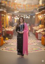 Soha Chikankari Modal Straight Kurta Set with Pink Dupatta- Black