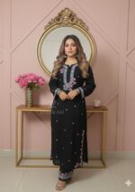 Soha Chikankari Modal Straight Kurta Set with Pink Dupatta- Black - Image 4