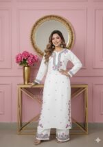 Soha Chikankari Modal Straight Kurta Set with Pink Dupatta - White - Image 4