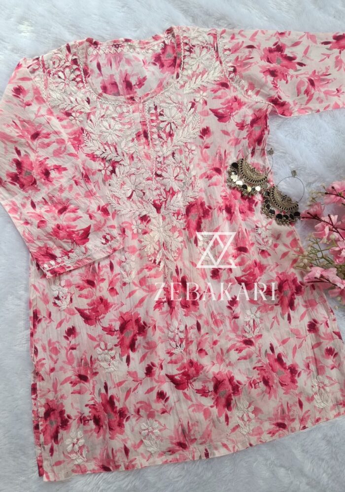 Gulkaani Mulmul Chikankari Short Kurt- Pink - Image 3