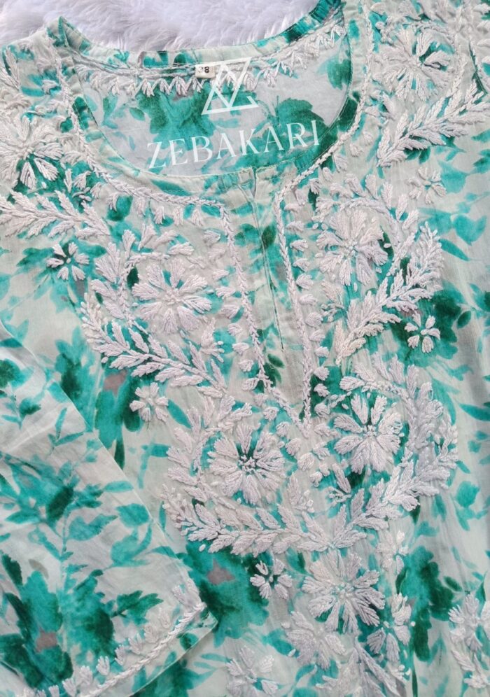Gulkaani Mulmul Chikankari Short Kurti- Sea Green - Image 3