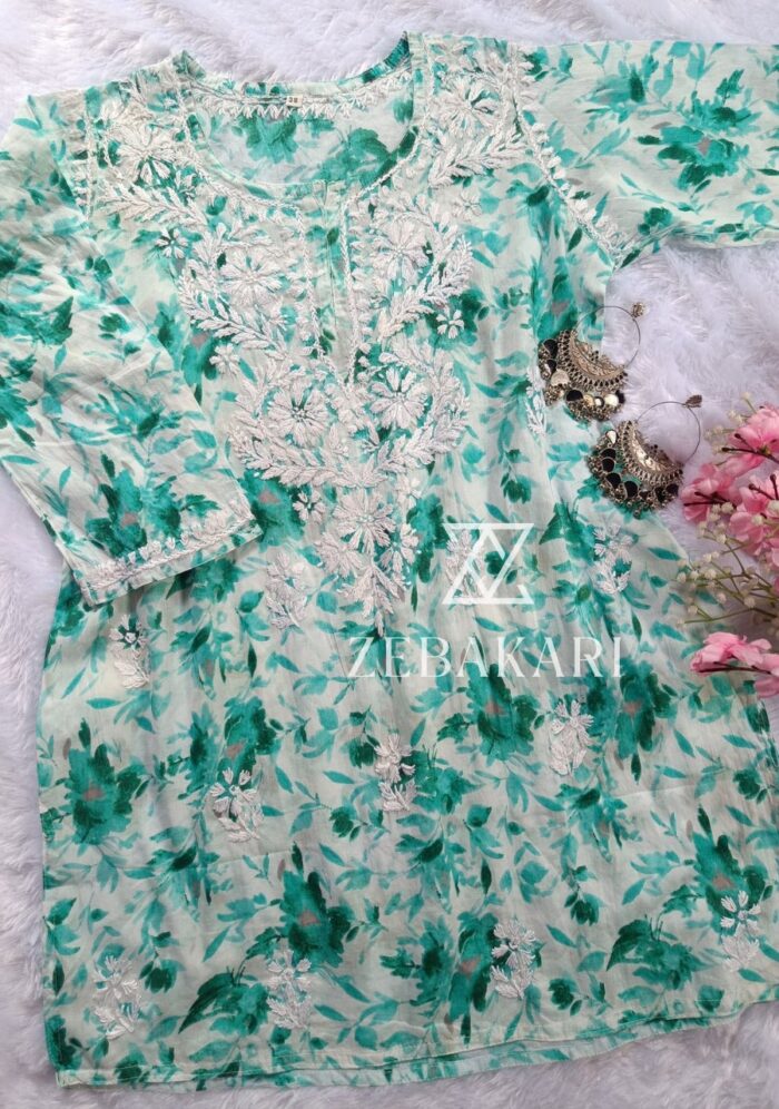 Gulkaani Mulmul Chikankari Short Kurti- Sea Green - Image 2
