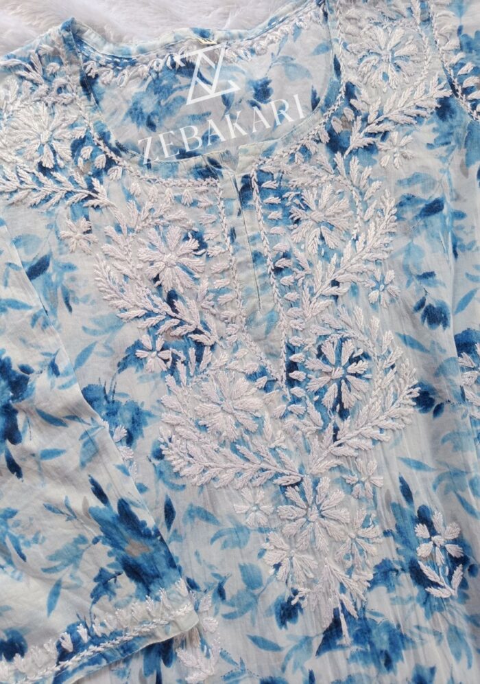 Gulkaani Mulmul Chikankari Short Kurti- Blue - Image 3