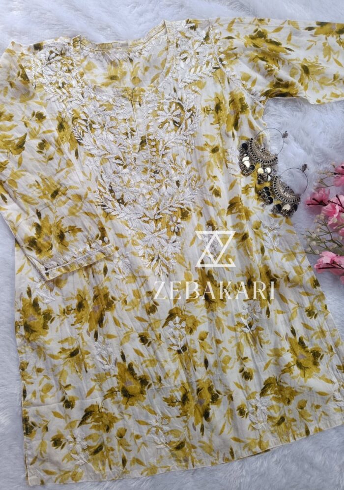 Gulkaani Mulmul Chikankari Short Kurti- Olive Green - Image 3