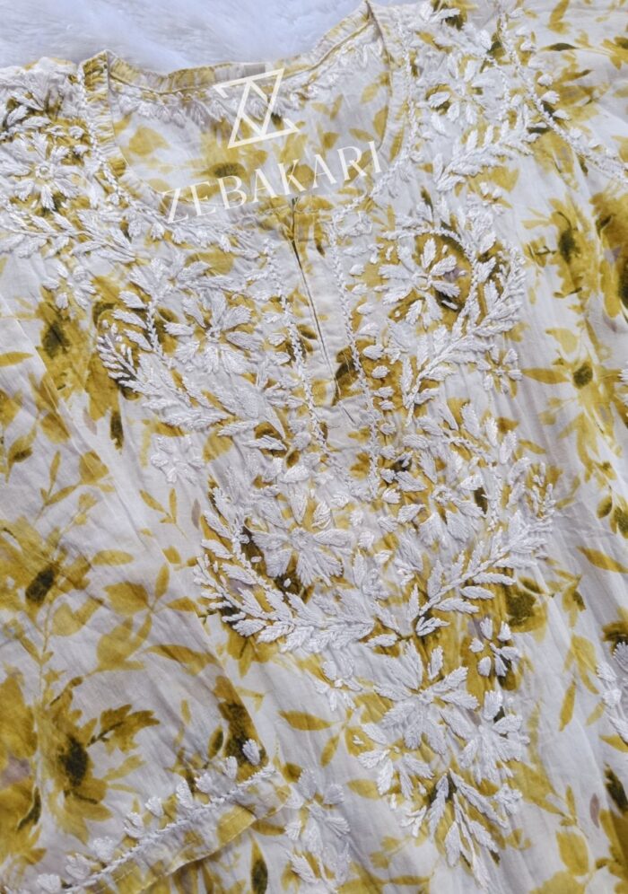 Gulkaani Mulmul Chikankari Short Kurti- Olive Green - Image 2