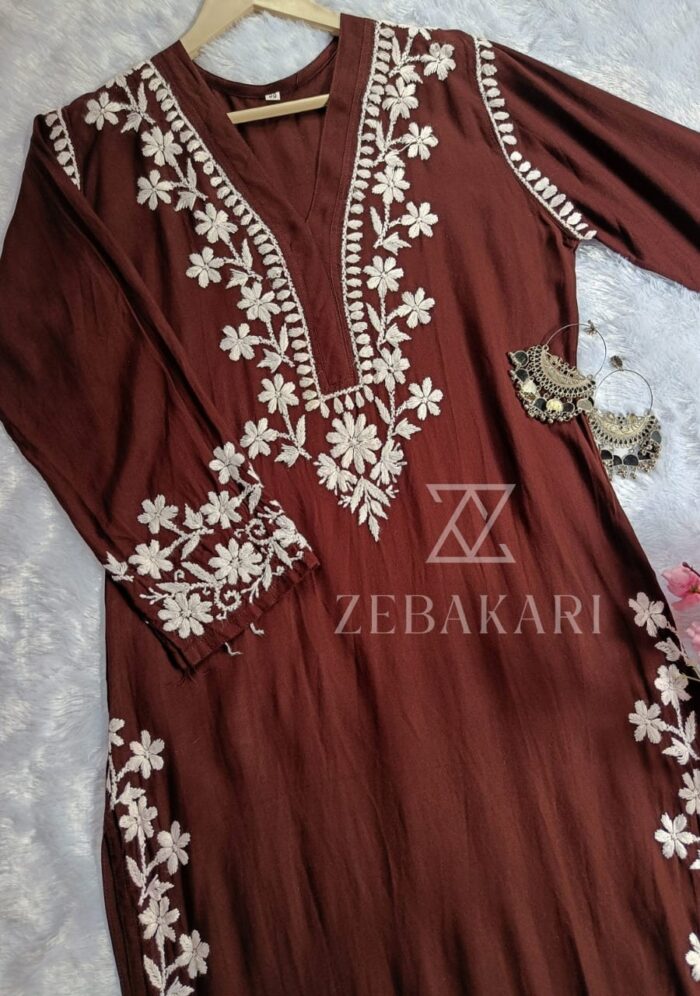 Elira Rayon Chikankari Long Kurti- Chocolate Brown - Image 1