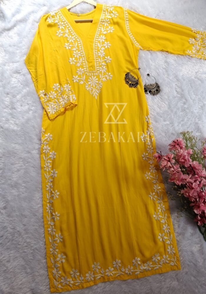 Elira Rayon Chikankari Long Kurti- Mango Yellow - Image 4