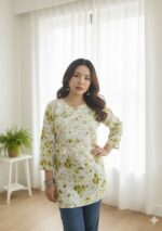 Gulkaani Mulmul Chikankari Short Kurti- Olive Green