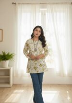 Gulkaani Mulmul Chikankari Short Kurti- Olive Green - Image 2
