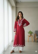 Elira Rayon Chikankari Long Kurti- Maroon