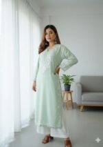 Elira Rayon Chikankari Long Kurti- Sage green