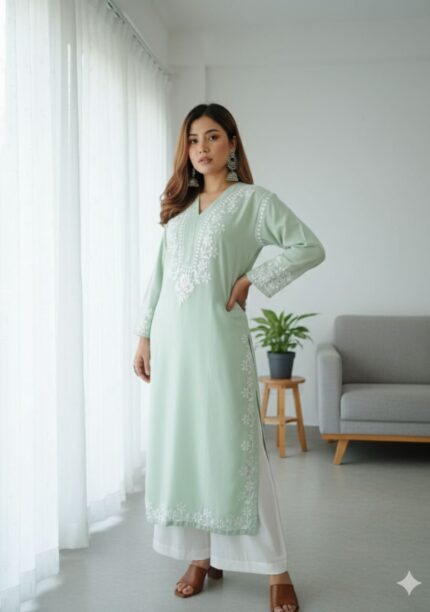 Elira Rayon Chikankari Long Kurti- Sage green