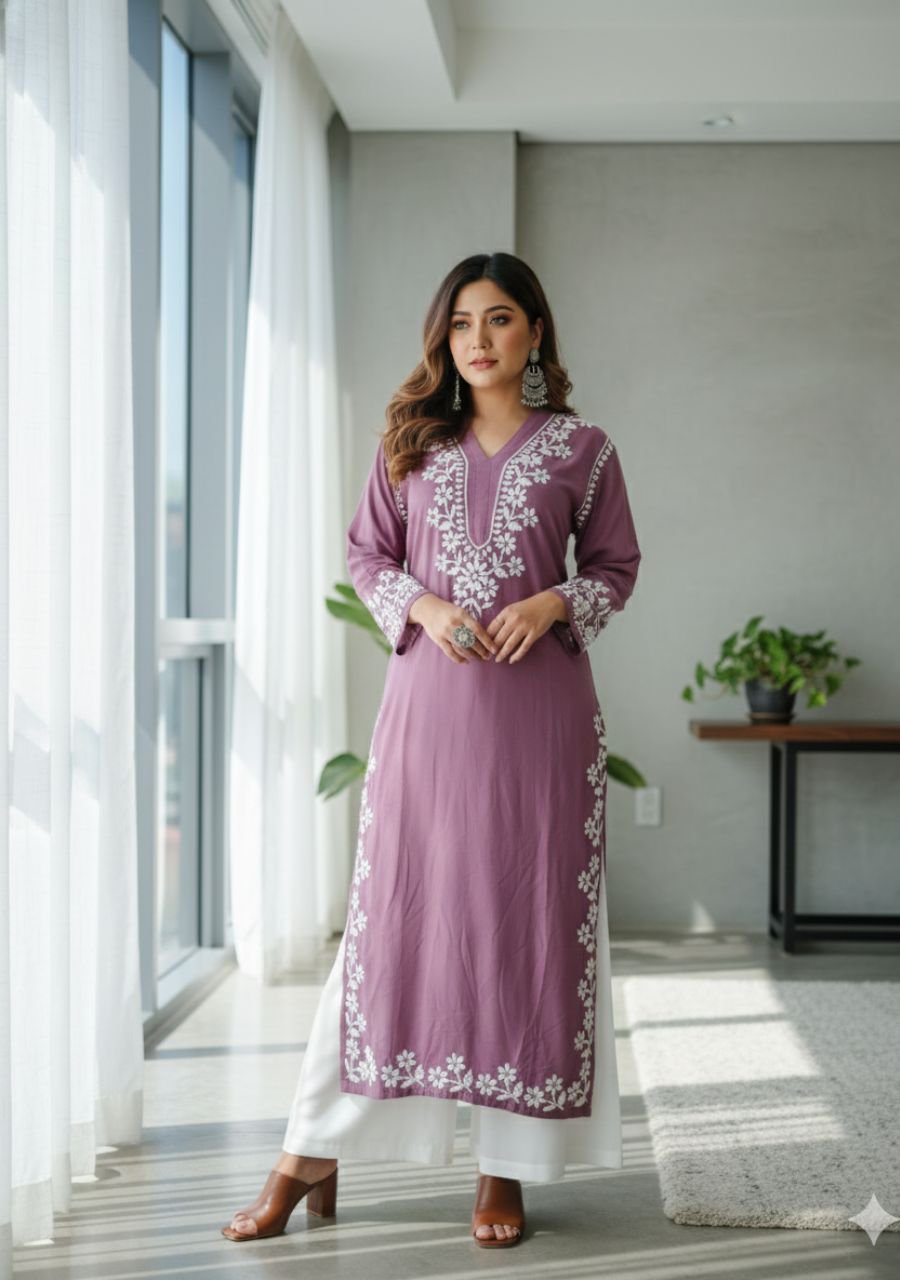 2025/05/1001571028.jpg Elira Rayon Chikankari Long Kurti- Mauve - Image 1
