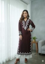 Elira Rayon Chikankari Long Kurti- Chocolate Brown