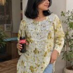 Gulkaani Mulmul Chikankari Short Kurti- Olive Green