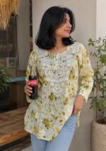 Gulkaani Mulmul Chikankari Short Kurti- Olive Green