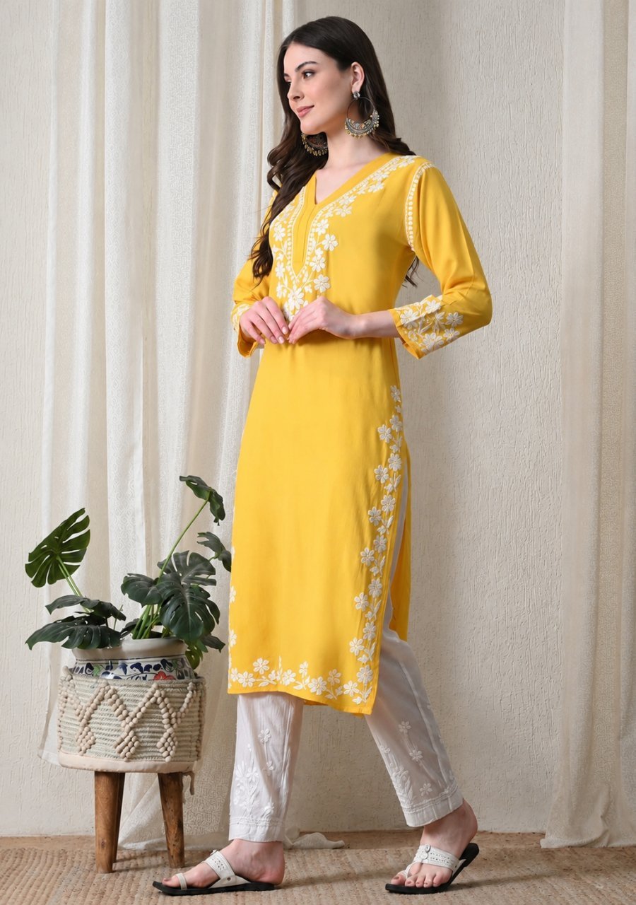 2025/05/1002090268.jpg Elira Rayon Chikankari Long Kurti- Mango Yellow - Image 1