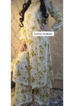 Phoolkari Mulmul Chikankari Long Kurti Palazzo Set- Olive Green
