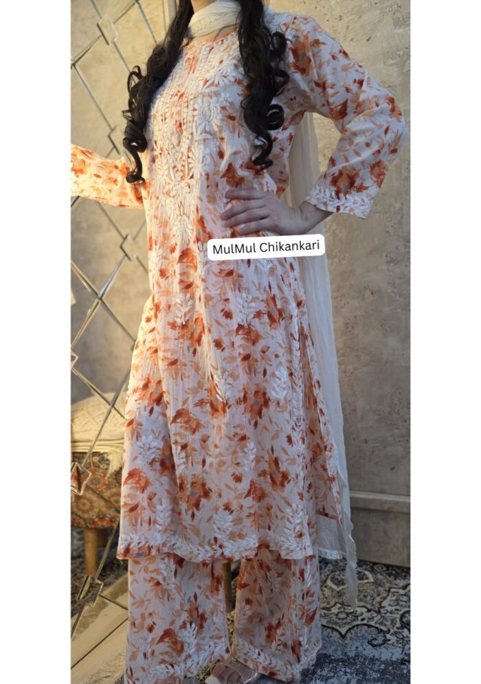 Phoolkari Mulmul Chikankari Long Kurti Palazzo Set- Orange - Image 1