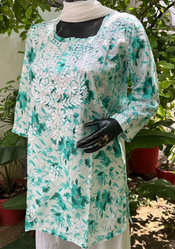 Gulkaani Mulmul Chikankari Short Kurti- Sea Green - Image 1