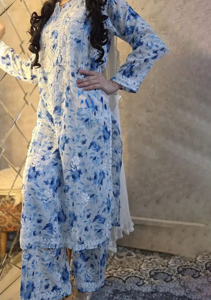 Phoolkari Mulmul Chikankari Long Kurti Palazzo Set- Blue - Image 1