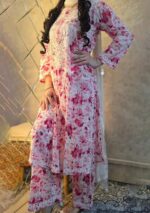 Phoolkari Mulmul Chikankari Long Kurti Palazzo Set- Pink