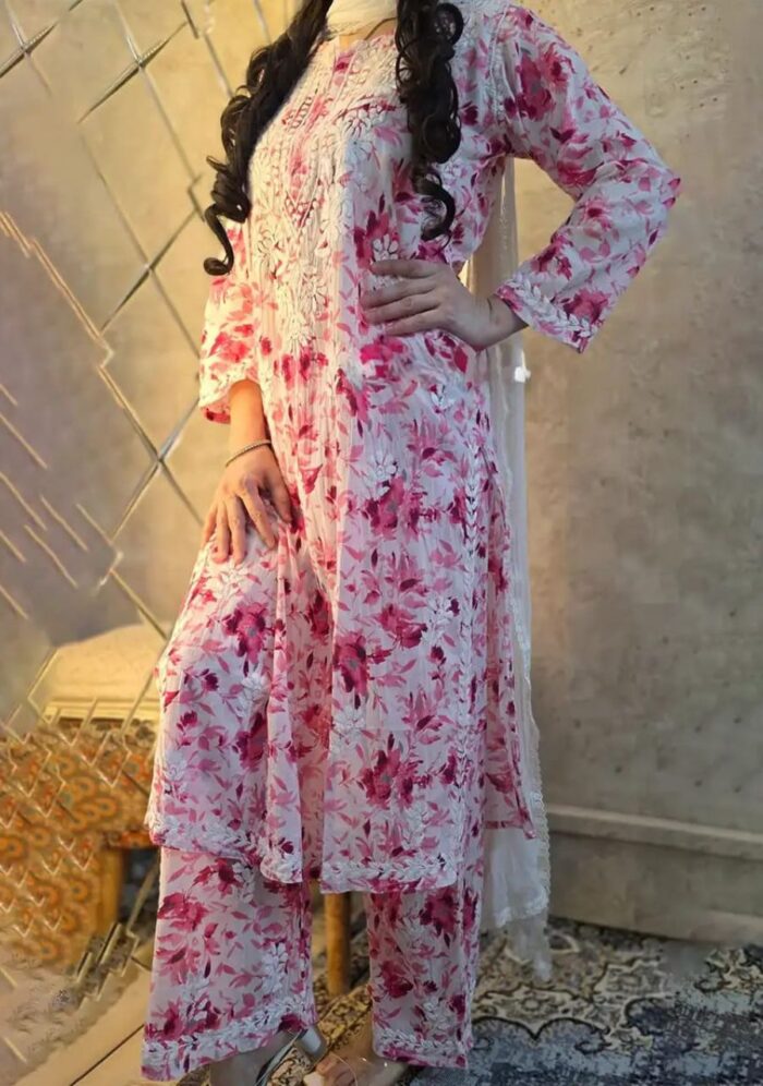Phoolkari Mulmul Chikankari Long Kurti Palazzo Set- Pink - Image 1