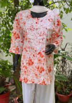Gulkaani Mulmul Chikankari Short Kurti- Orange