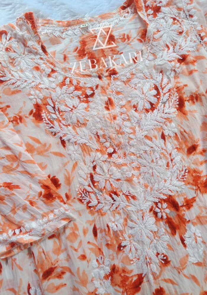 Gulkaani Mulmul Chikankari Short Kurti- Orange - Image 3