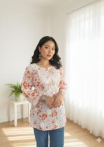 Gulkaani Mulmul Chikankari Short Kurti- Orange