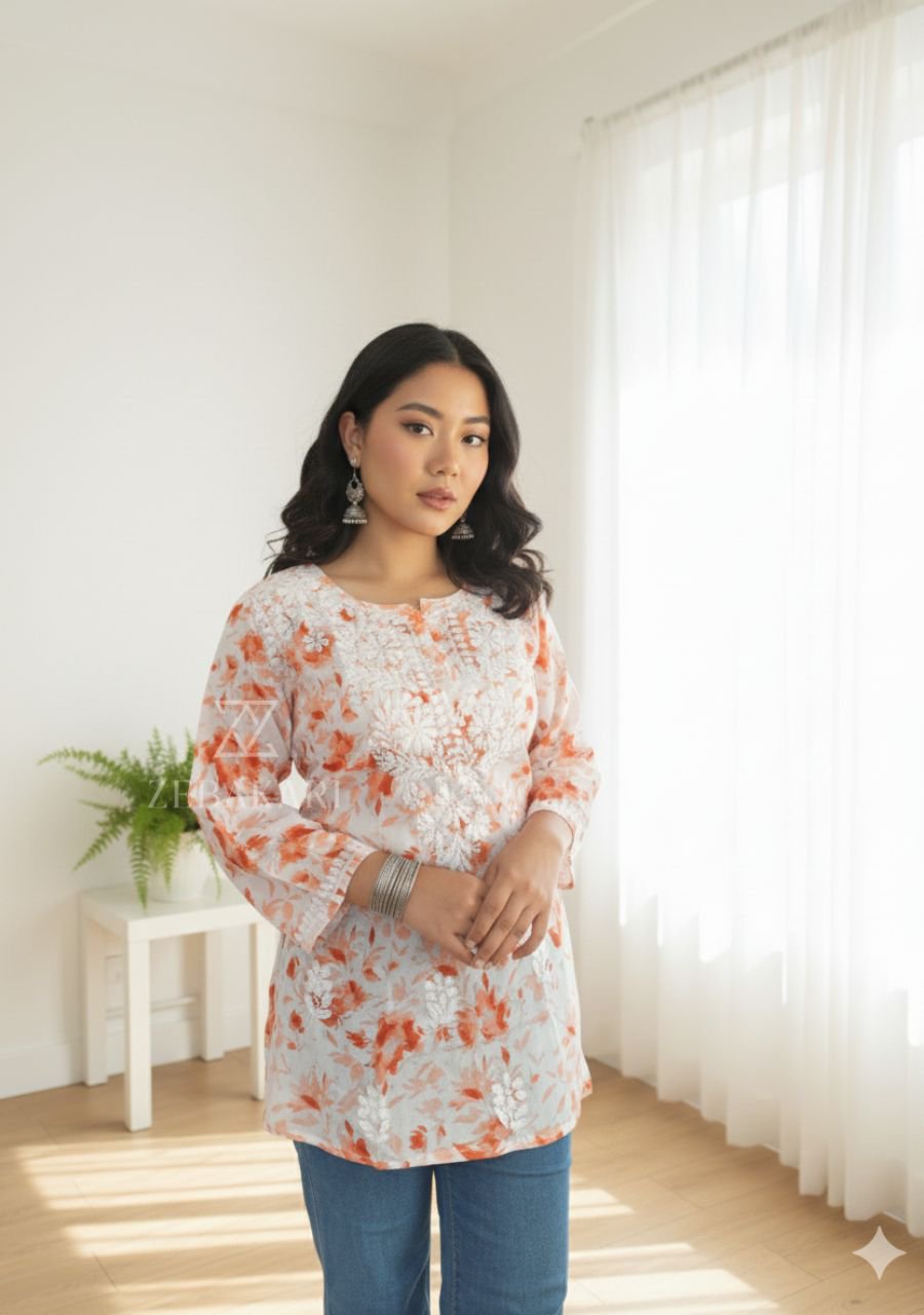 2025/06/1001506063.jpg Gulkaani Mulmul Chikankari Short Kurti- Orange - Image 1