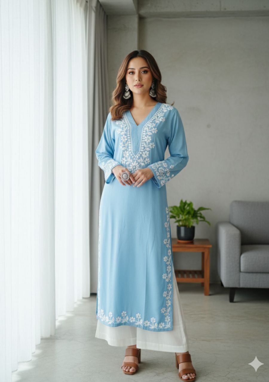 2025/07/1001571029.jpg Elira Rayon Chikankari Long Kurti- Powder Blue - Image 1