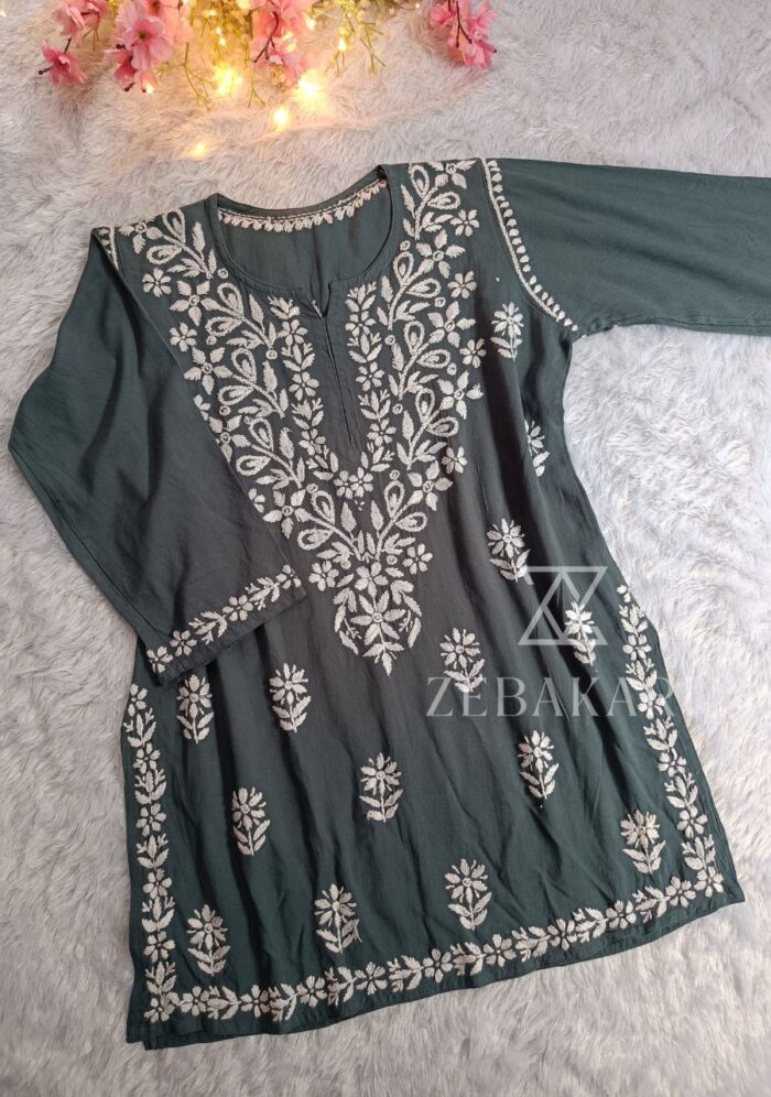 Daisy Chikankari Rayon Short Kurti - Grey - Image 1