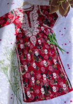 Liza Chikankari MulMul Straight Kurta- Red - Image 3