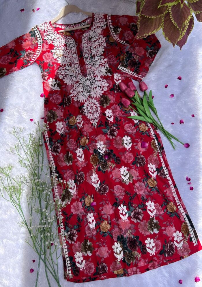 Liza Chikankari MulMul Straight Kurta- Red - Image 3