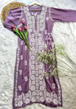 Feriha Chikankari Panel Design Modal Straight Kurta- Mauve - Image 2